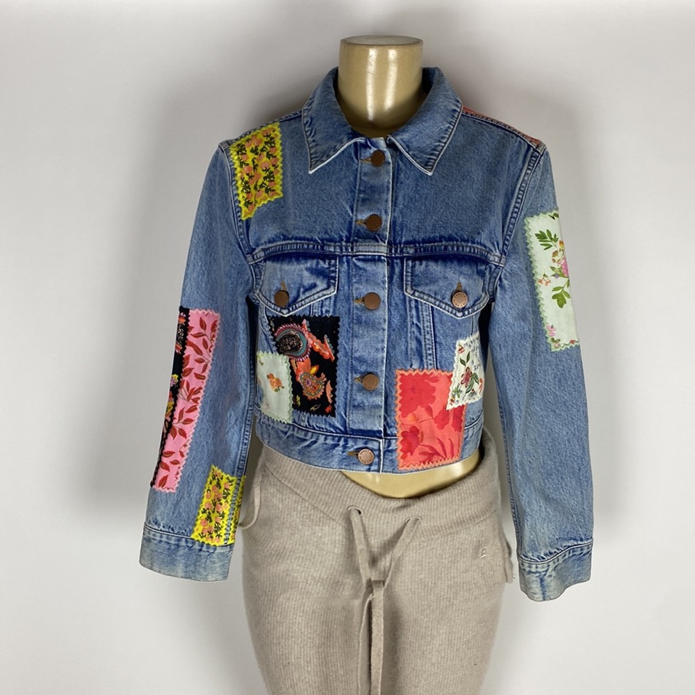 Alice + Olivia Patchworks Crop denim Jacket Womens size S/P